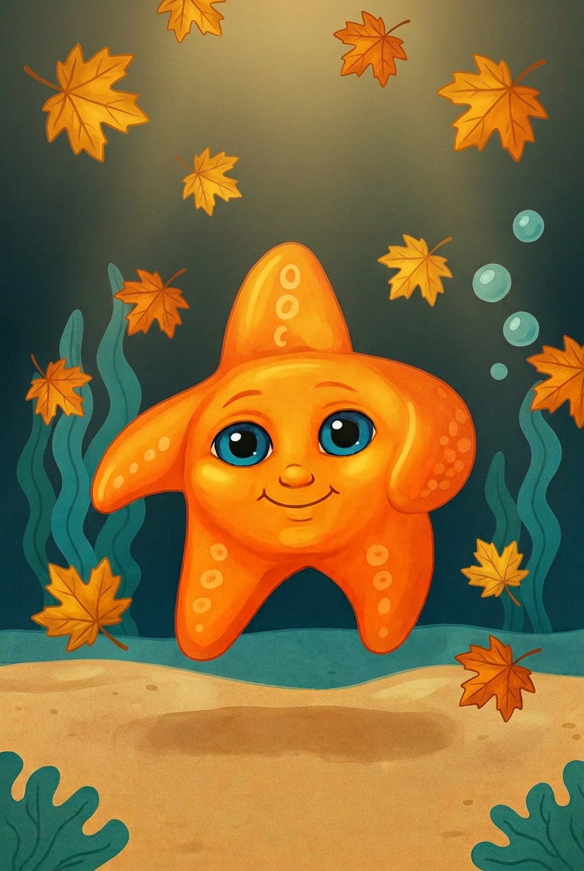 Milo the starfish smiling among floating autumn leaves underwater